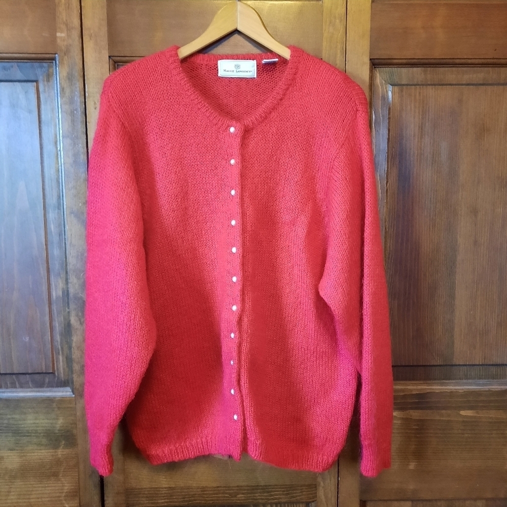 Vintage Maggie Lawrence Red Mohair Blend Pearl Button Knit Cardigan Sweater
